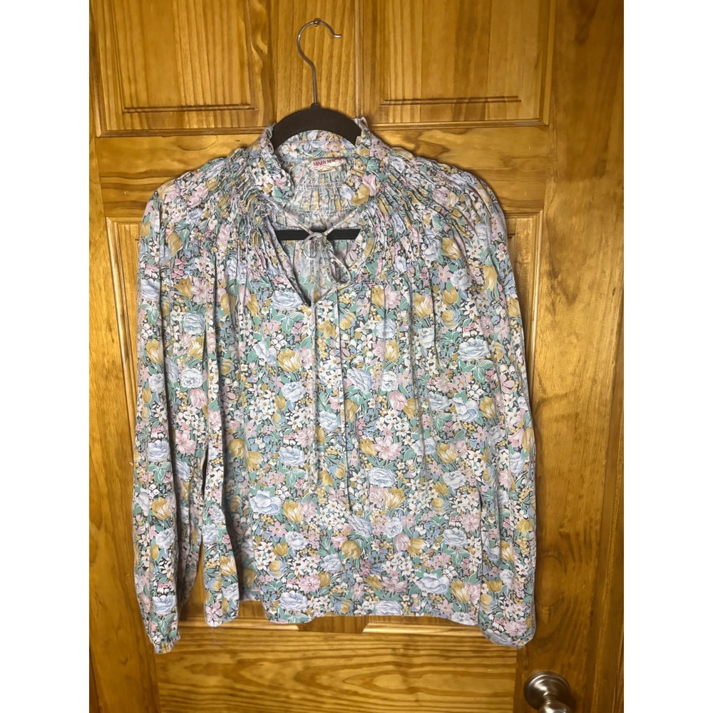 Vintage Mindy Malone Floral Smocked Blouse Pastel Prairie Ruffle Neck ILGWU Top